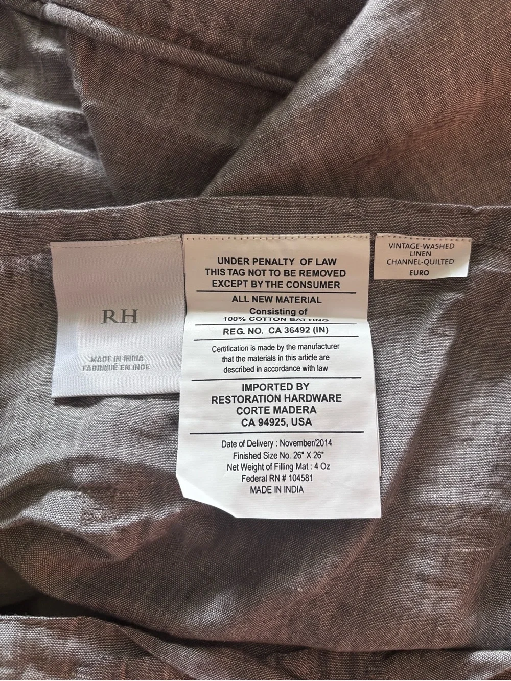 2 Restoration Hardware Gray Vintage Washed Linen Channel Quilted Euro Shams
